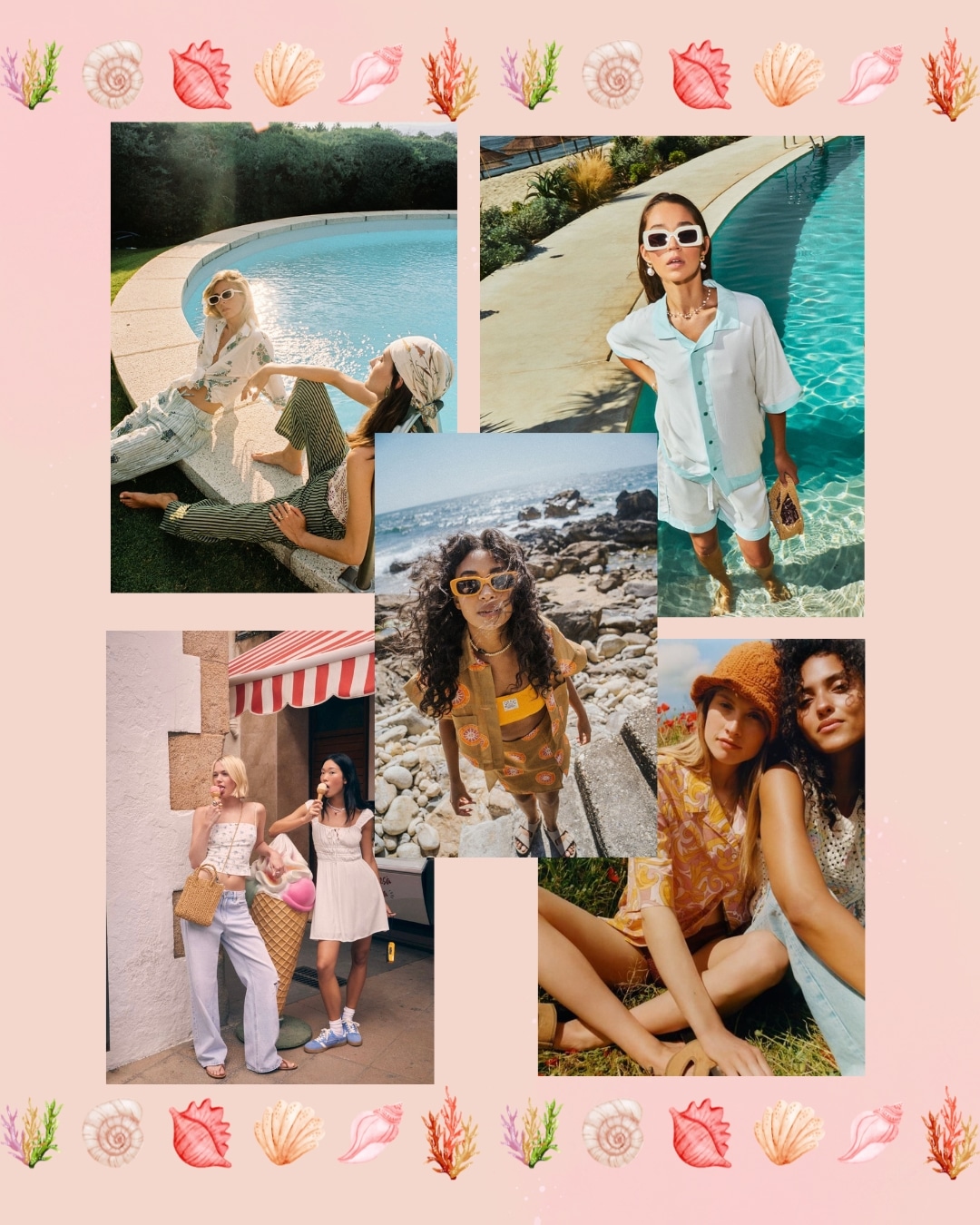 A collage of five photos shows women enjoying summer activities in chic summer fashion, from relaxing by the pool to exploring outdoors. The collage is bordered with colorful seashells and coral on a pastel pink background.