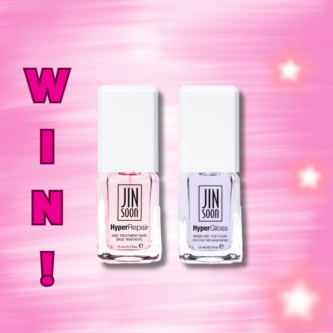 Two JINsoon nail treatment bottles from the Duo collection rest on a pink background sprinkled with stars. Large text on the left reads “WIN!” in bold, dark pink letters. The featured products are HyperRepair and HyperGloss—must-haves for that signature Jinsoon glow.