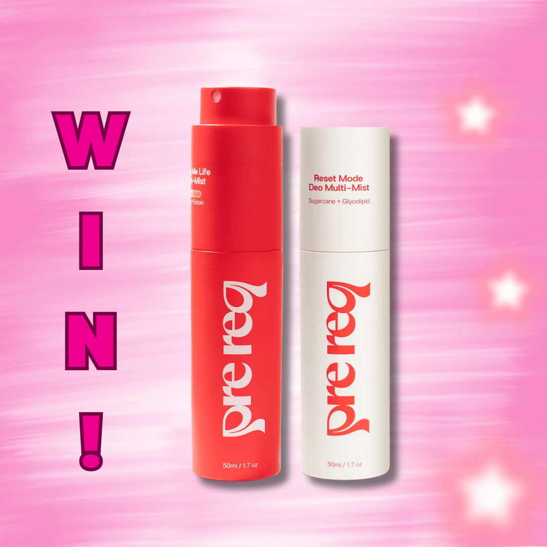 Two Prereq Duo skincare bottles (one red, one white) stand on a pink, starry background. Large pink text on the left reads WIN! in block letters.