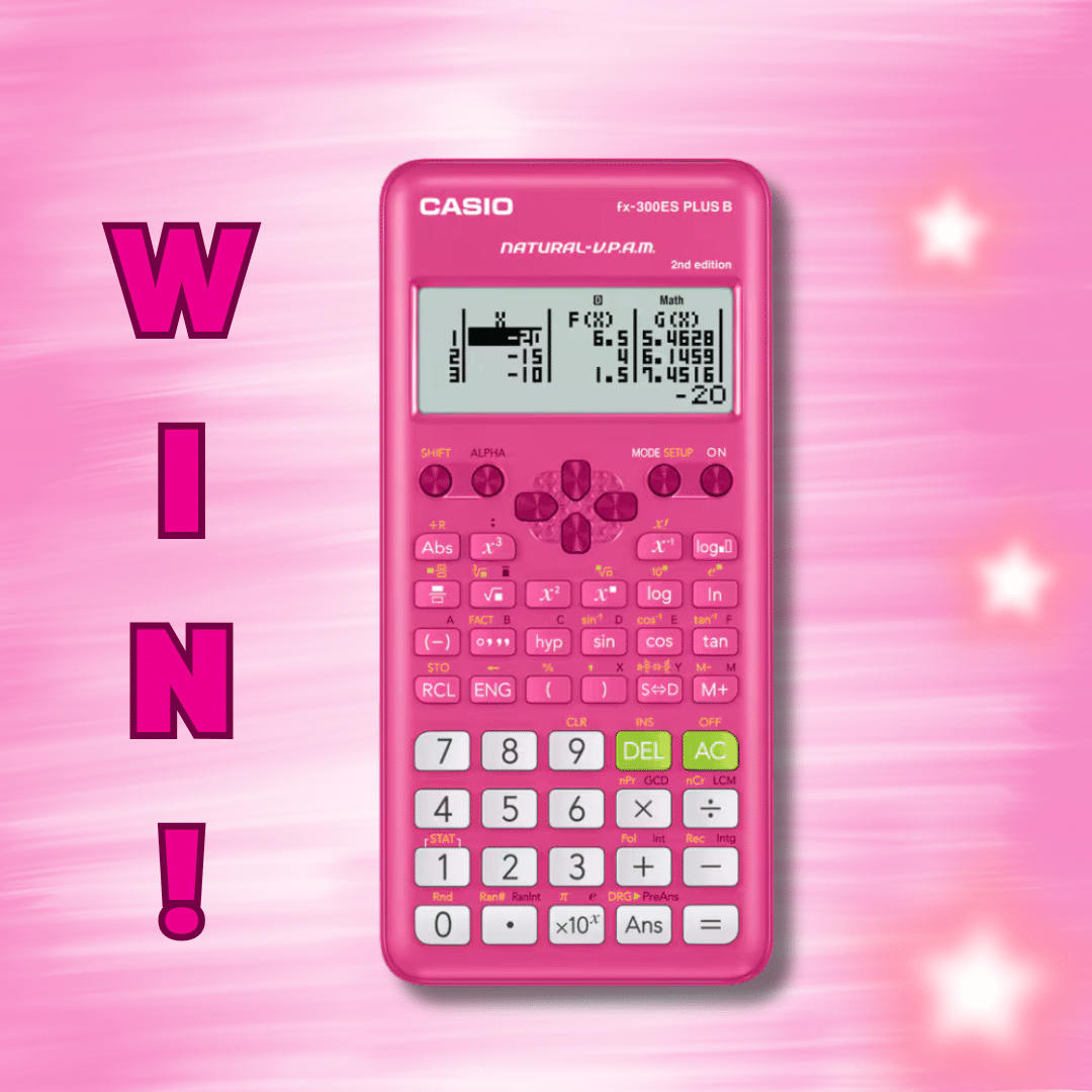 A pink Casio scientific calculator on a pink background with stars. The word WIN! is in bold pink letters on the left side.