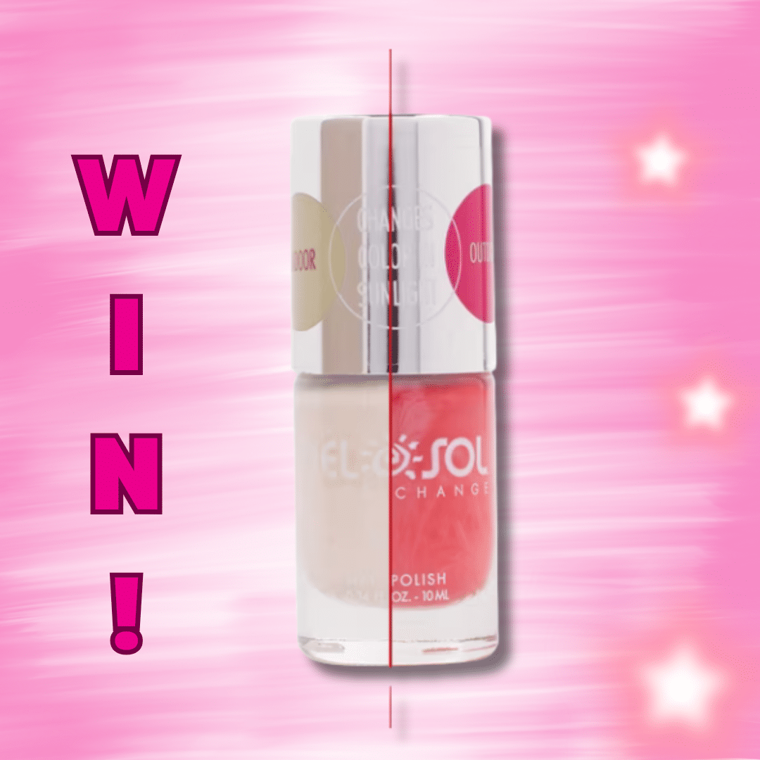 A bottle of color changing nail polish split in half, showing beige on the left and pink on the right, with “WIN!” in bold pink letters and a bright pink background—perfectly showcasing the magic of Del Sol Nail Polish.