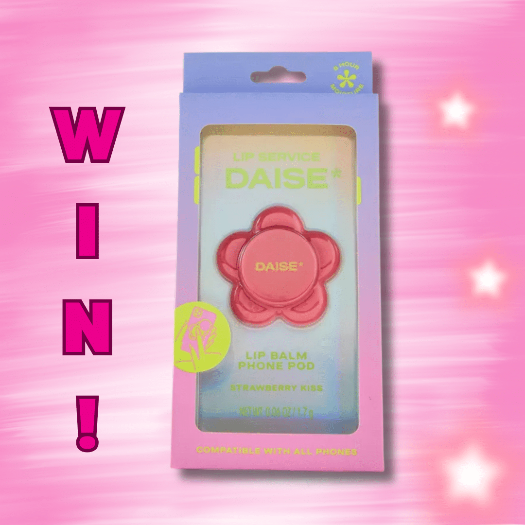 A pink flower-shaped Lip Balm called LIP SERVICE DAISE in a pastel box, set against a pink background with WIN! in bold letters and glowing star effects—perfect for stashing in your Phone Pod for on-the-go touch-ups.
