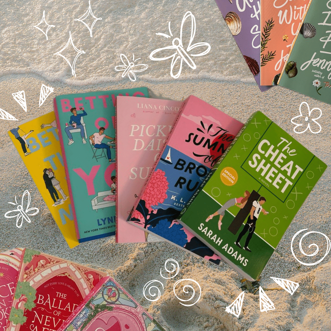 Six colorful romance novels are arranged on a sandy beach, surrounded by playful white doodles of stars, flowers, and butterflies. Perfect for your summer book bucket list, these titles set the ultimate vibe for every beach-loving reader.