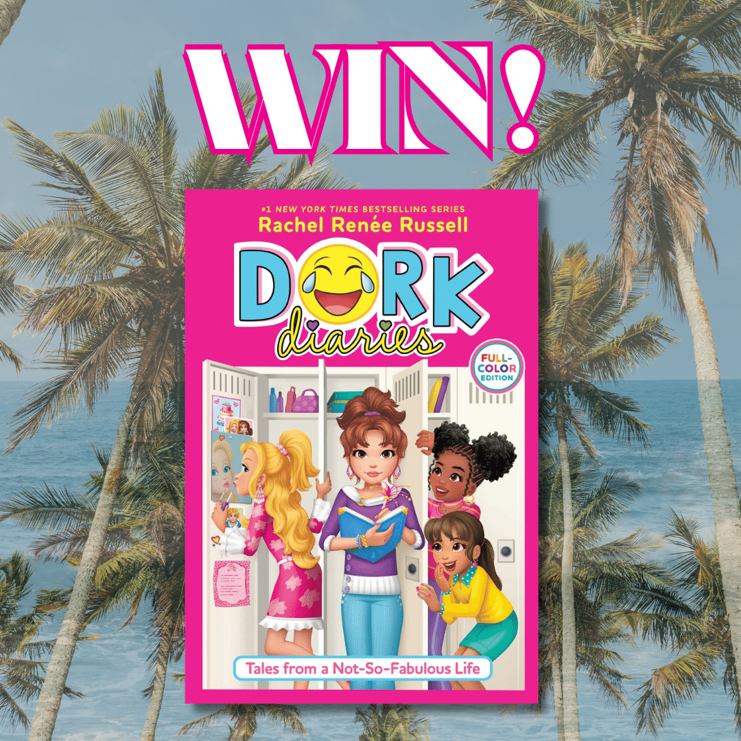 A bright WIN! headline above the cover of Dork Diaries: Tales from a Not-So-Fabulous Life by Rachel Renée Russell. The sunny backdrop with palm trees and blue ocean sparkles, almost as magical as Eyes Like Stars.