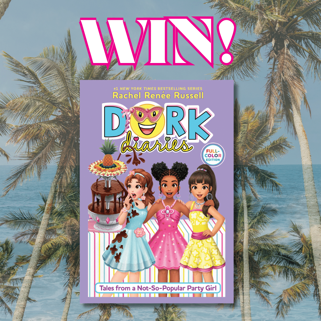 Book giveaway graphic for Dork Diaries: Tales from a Not-So-Popular Party Girl and Eyes Like Stars, featuring three illustrated girls in party dresses, with palm trees and bold WIN! text in the background.