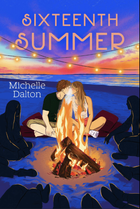 Illustrated cover of Sixteenth Summer by Michelle Dalton, perfect for your TBR, shows a teen couple kissing by a bonfire on the beach at sunset, surrounded by friends under string lights—a dreamy scene for fans of TSITP and summer books.