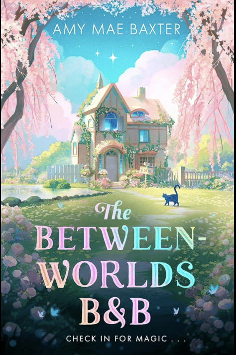 Book cover for The Between-Worlds B&B by Amy Mae Baxter, featuring a magical cottage, blooming trees, a black cat, and pastel colors that capture the perfect Summer escape. A must-have for every Fresh Reads collection. Tagline reads: Check in for magic . . ..