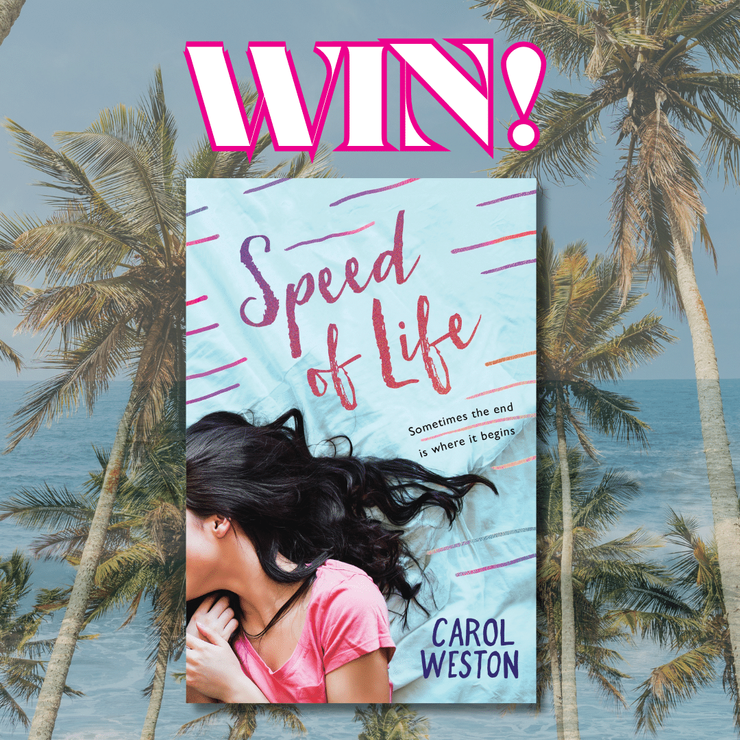 A book cover for Speed of Life by Carol Weston appears over a background of palm trees and ocean, reminiscent of the dreamy setting in Eyes Like Stars. Above the book, bold pink text reads WIN! in all caps.