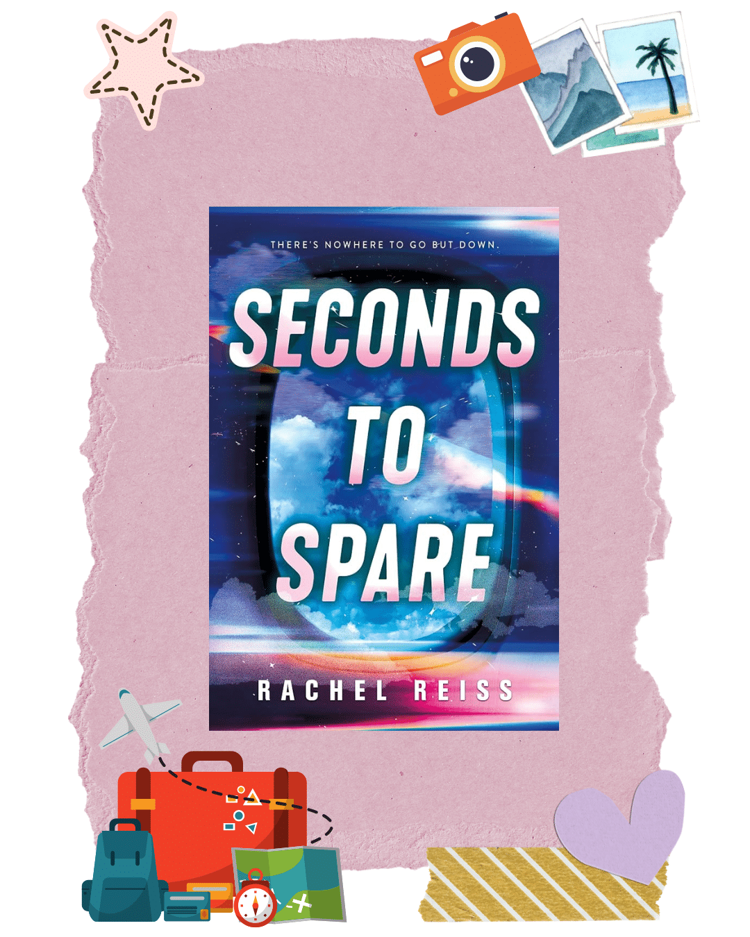 A book titled Seconds to Spare by Rachel Reiss is centered on a pink textured background, decorated with travel-themed stickers like luggage, a plane, a camera, and postcards—perfect for anyone building their travel-inspired TBR or searching for dream vacation book recommendations.