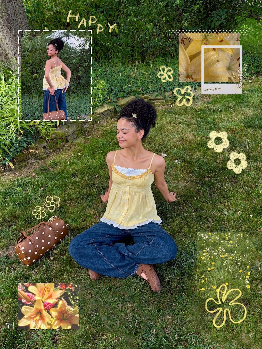 A woman sits on grass, smiling, wearing a yellow top and jeans, embodying the carefree spirit of a Whimsy Girl. Illustrated flowers, the word HAPPY, and close-up photos of flowers and a mushroom decorate the image, capturing the essence of Summer. A brown polka dot bag lies nearby.