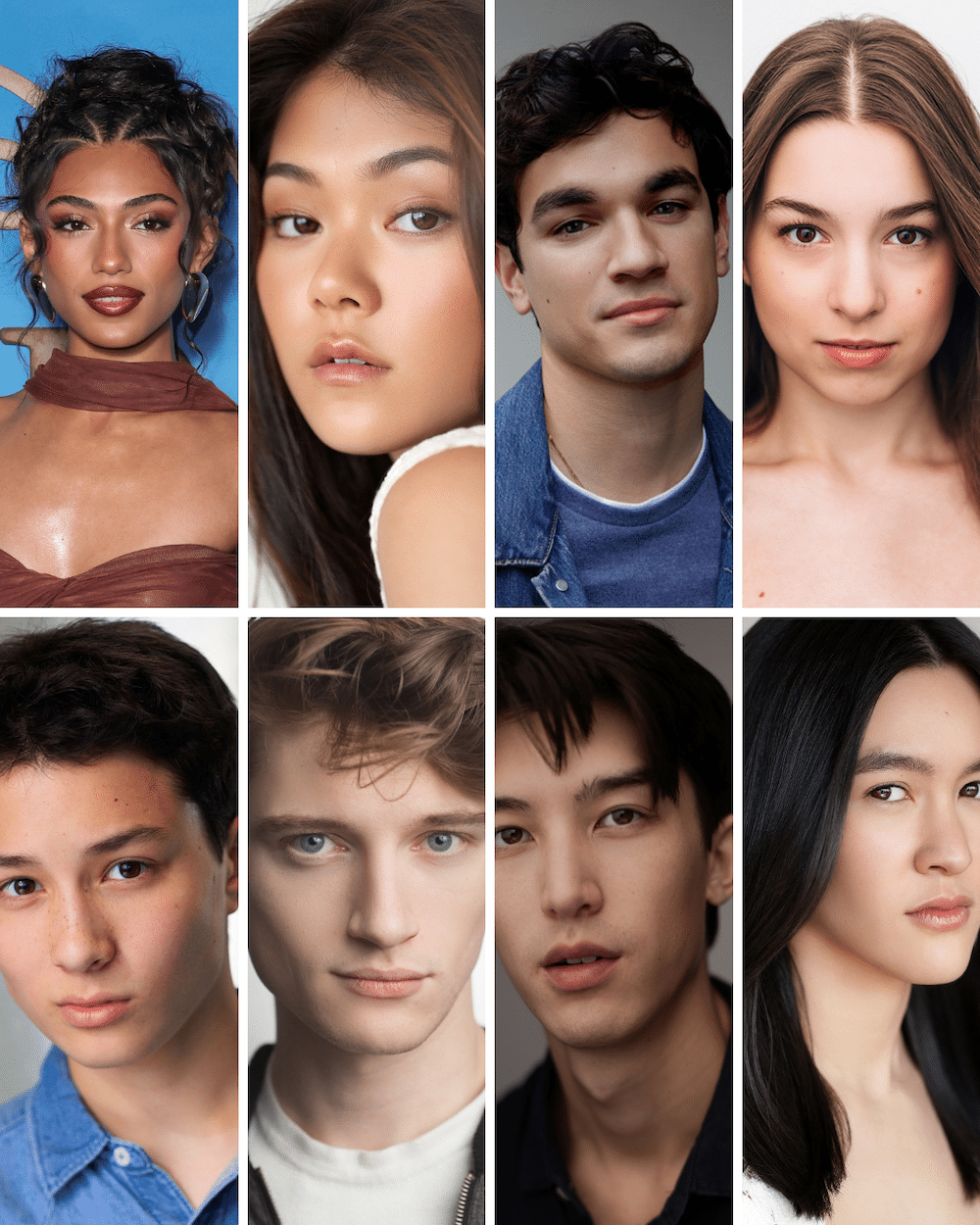 A collage of eight young adults, four women and four men—potential descendants of diverse backgrounds—each facing the camera with neutral or slight smiles, against simple backgrounds.