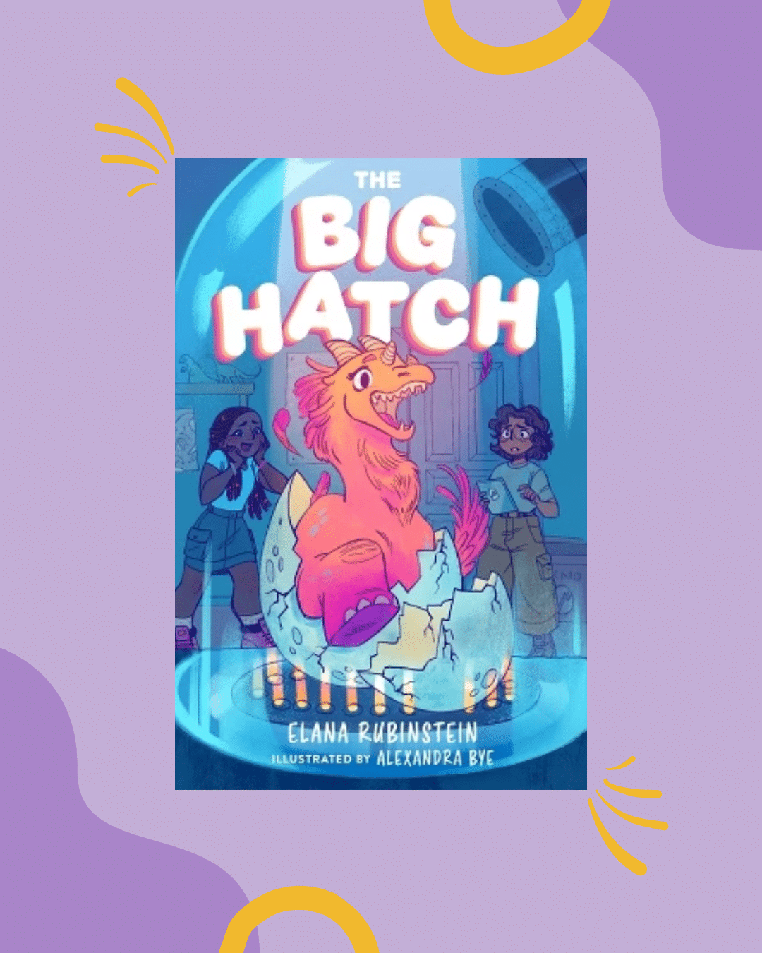 Book cover for The Big Hatch shows a pink, feathered creature hatching from an egg, with two children—perhaps members of a niche club—watching in a blue-toned room. Title is in large white letters above the scene, making it the perfect book rec to start off the school year.