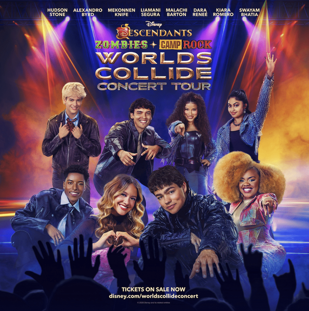 Colorful poster of eight smiling young performers posing for the Camp Rock: Worlds Collide Concert Tour, featuring stars from Descendants and ZOMBIES. Logos and tour details appear above and below the group on a vibrant stage background.