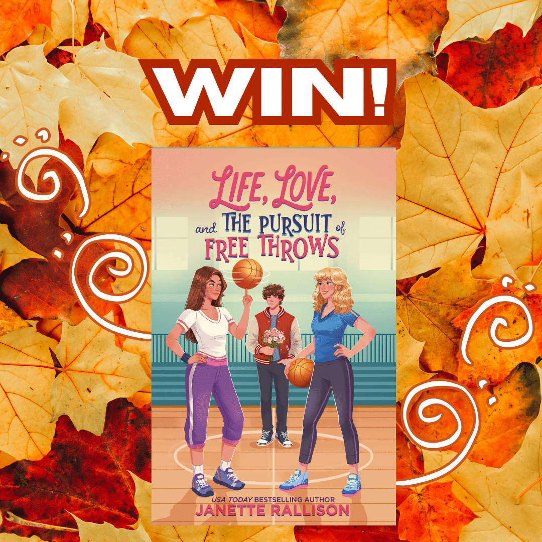 The cover of Life, Love, and the Pursuit of Free Throws by Janette Rallison is centered over autumn leaves, with WIN! in bold white letters at the top.