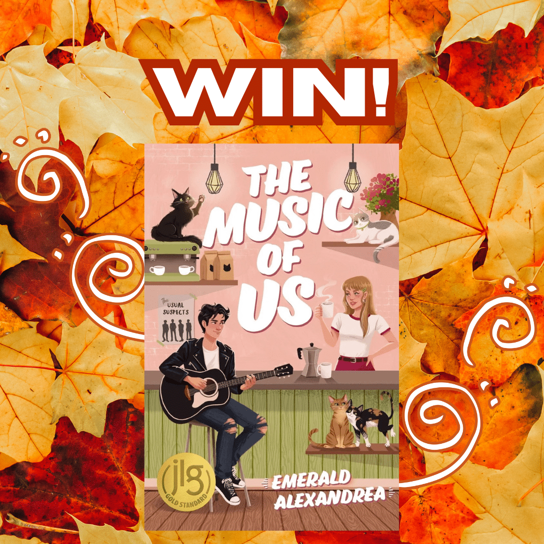 Book cover for The Music of Us by Emerald Alexandrea, featuring a man playing guitar and a woman in a café, surrounded by cats. WIN! is written above on a background of autumn leaves.