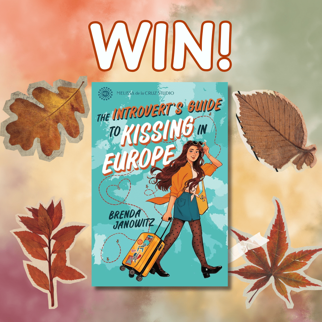 Book cover of The Introverts Guide to Kissing in Europe by Brenda Janowitz, surrounded by autumn leaves and the word WIN! at the top. The background has a fall theme with orange, green, and yellow hues.