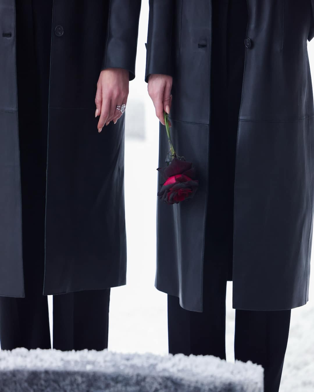 Two people dressed in black coats stand side by side. One holds a red rose upside down. A blurred gravestone is visible in the foreground, suggesting a somber or funeral scene.