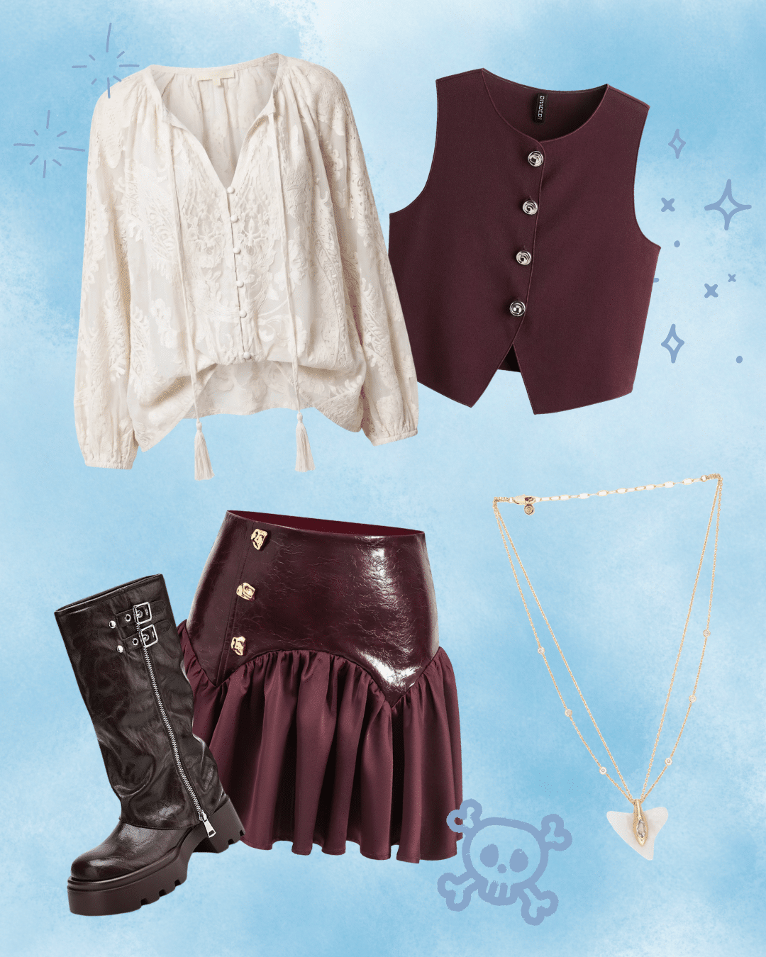 Outfit collage: cream lace blouse, burgundy vest, burgundy faux leather ruffled mini skirt with gold buttons, black chunky boots, and a gold necklace with a heart pendant—perfect for channeling bold style at the Worlds Collide concert tour—set against a blue background.