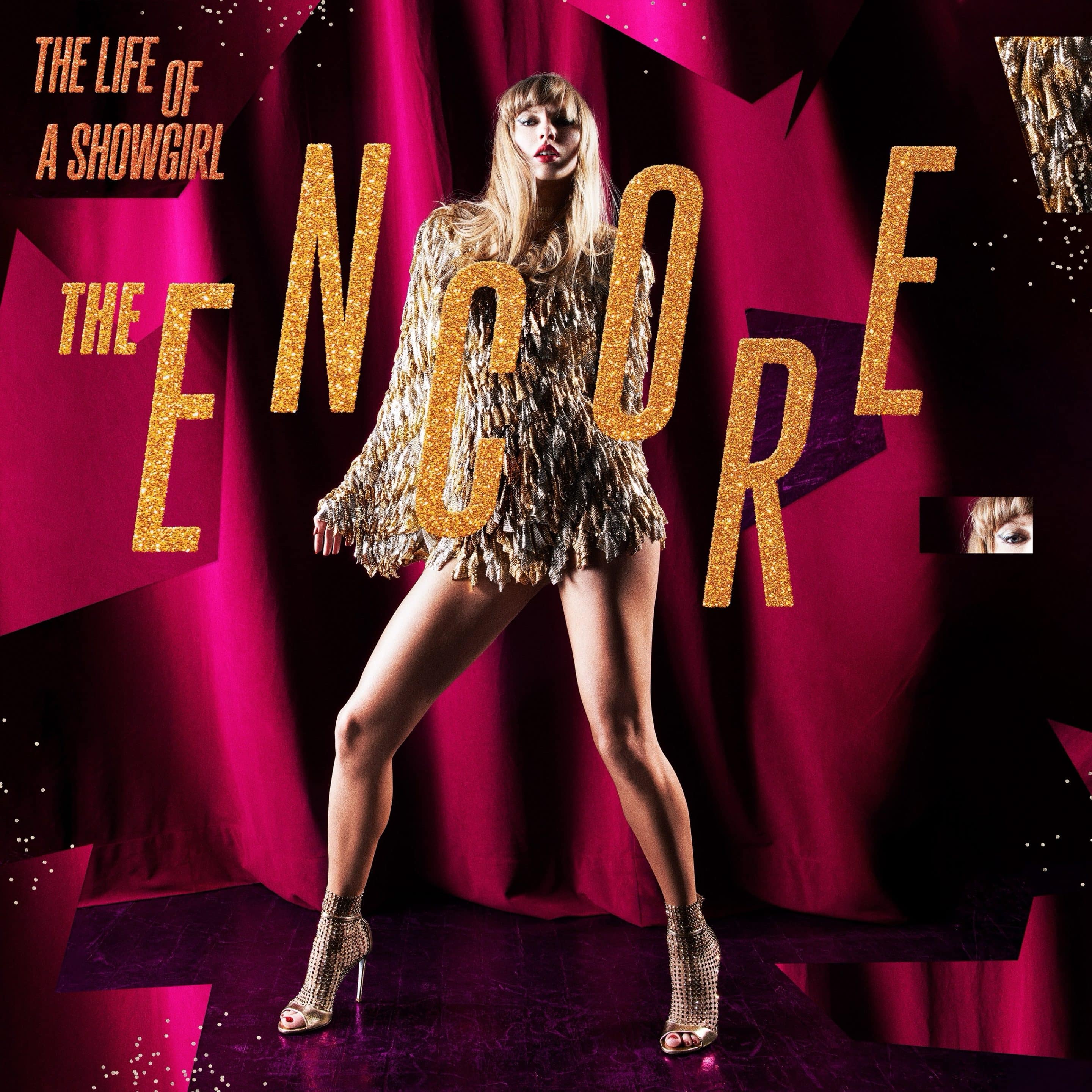 A glamorous showgirl in a gold fringe outfit poses confidently on stage, framed by bold gold letters spelling out The Encore against a dramatic red curtain background. Text reads: Step into the life of a showgirl.