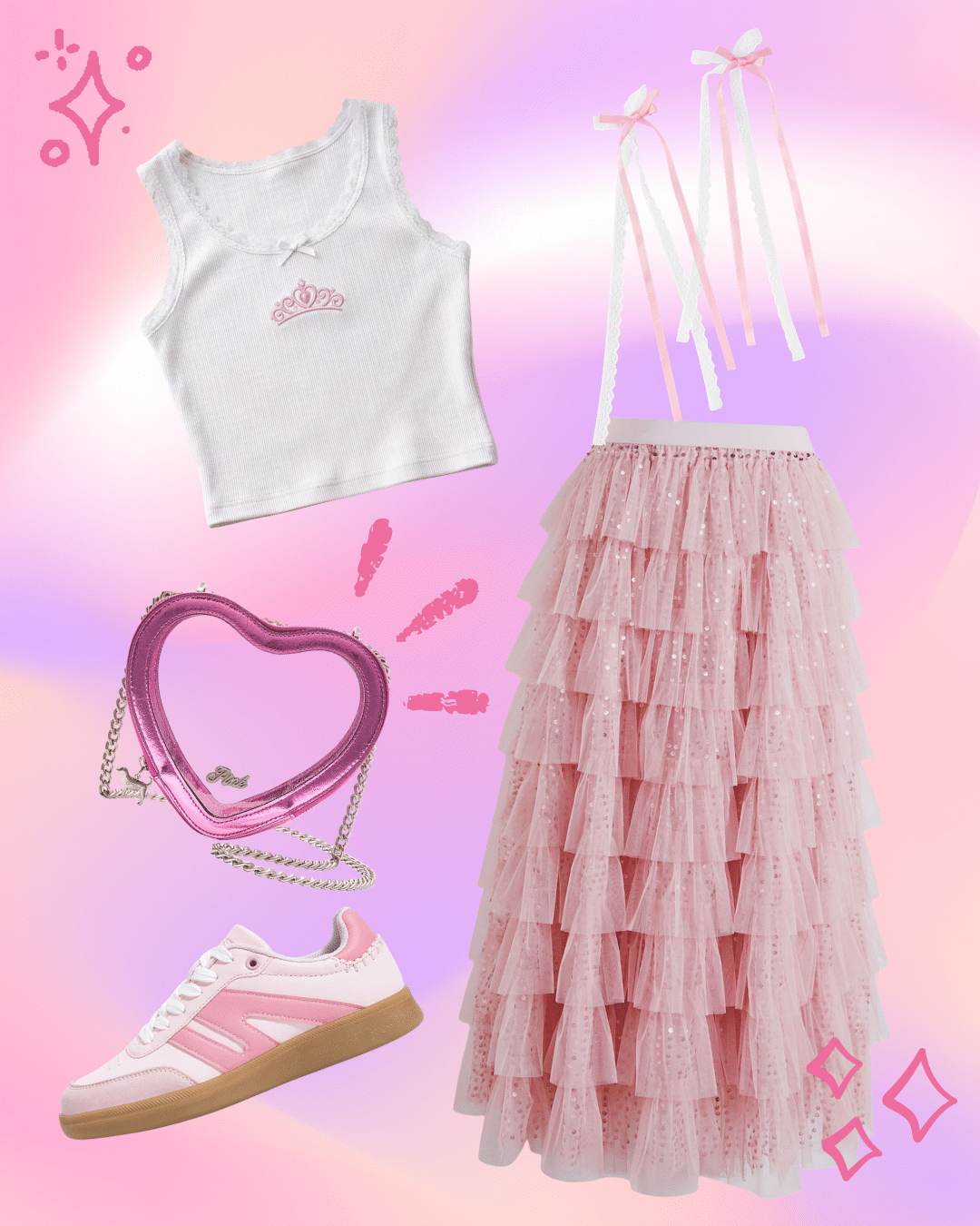 A white tank top, layered pink tulle skirt, pink heart-shaped purse, pink-and-white sneakers, and two pink hair bows create a playful look against a pastel gradient background with sparkly doodles—perfect attire for the fun and energy of a Worlds Collide concert tour.