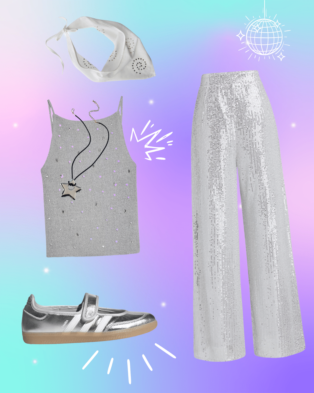 Silver sparkly tank, sequined pants, metallic sneakers, white bandana, and star necklace displayed on a pastel gradient background with disco and sparkle doodles—perfect for shining bright at the Worlds Collide Concert Tour.