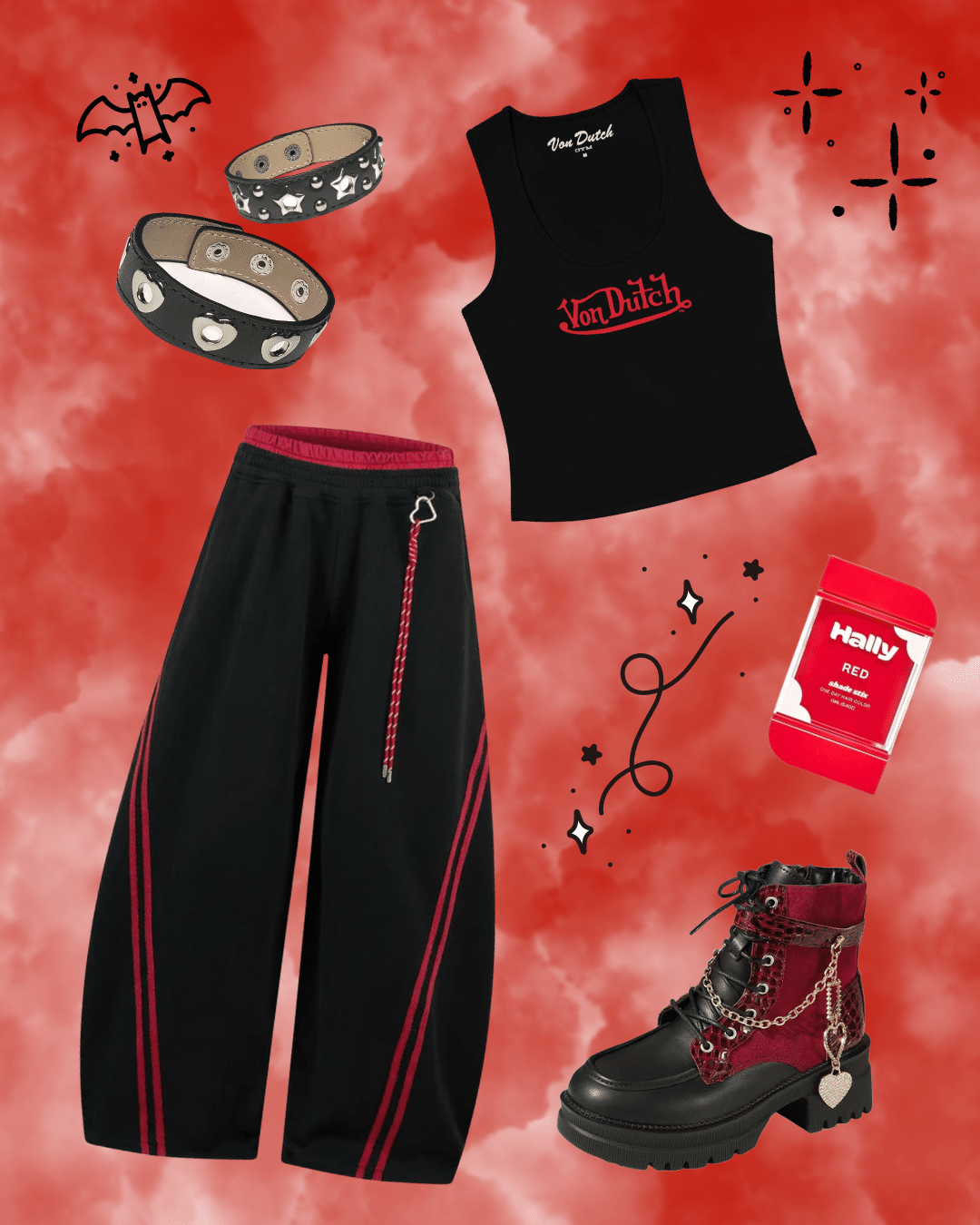 Alternative text: An outfit inspired by the Worlds Collide concert tour, featuring black wide-leg pants with red stripes, a black tank top, black combat boots with red details, two black studded bracelets, a red lip balm, and a bat illustration set against a dramatic red cloudy background.