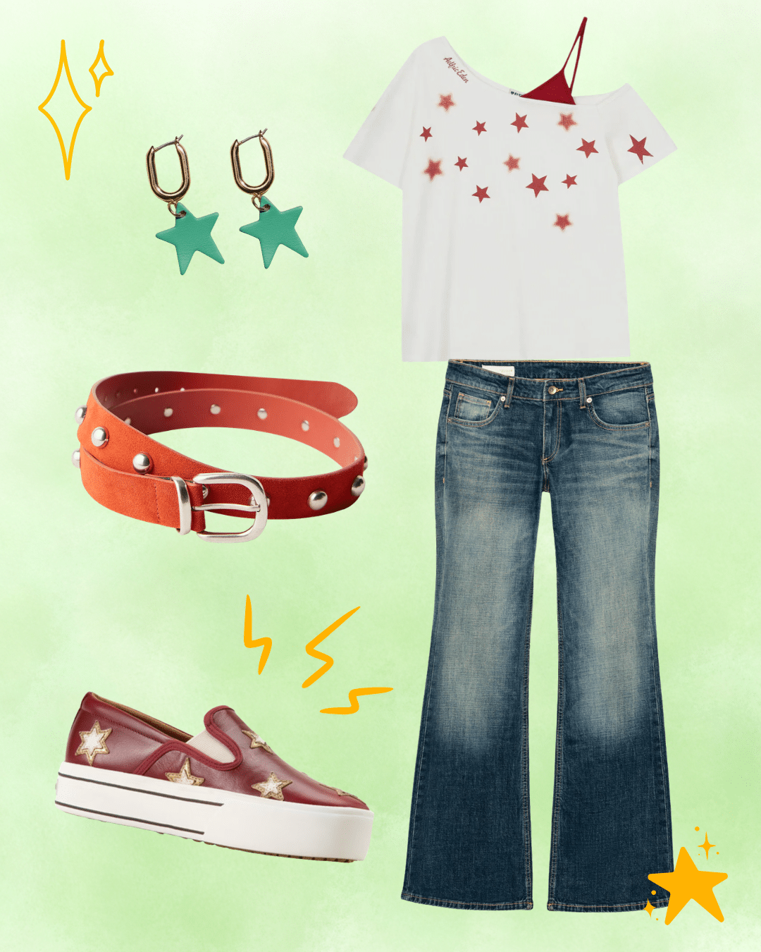 Flat lay of an outfit inspired by the Worlds Collide concert tour, featuring a star-patterned white tee, red star bra, flared jeans, maroon star slip-ons, a red choker, green star earrings, and yellow star and sparkle doodles on a light green background.