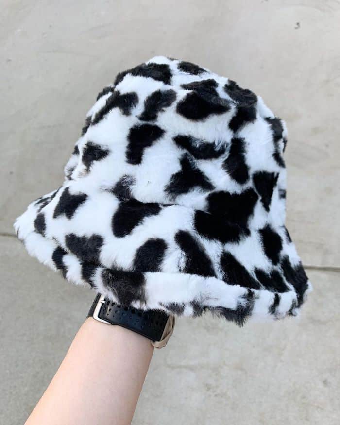 cow print fluffy bucket hat